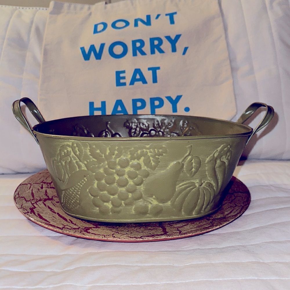 Metal Tin Bowl with Handles Green Fruit Harvest Dented Design